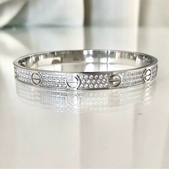 Pave Diamond Stainless Steel Love Screw Bangle Bracelet with Screwdriver opener - Picture 4 of 12